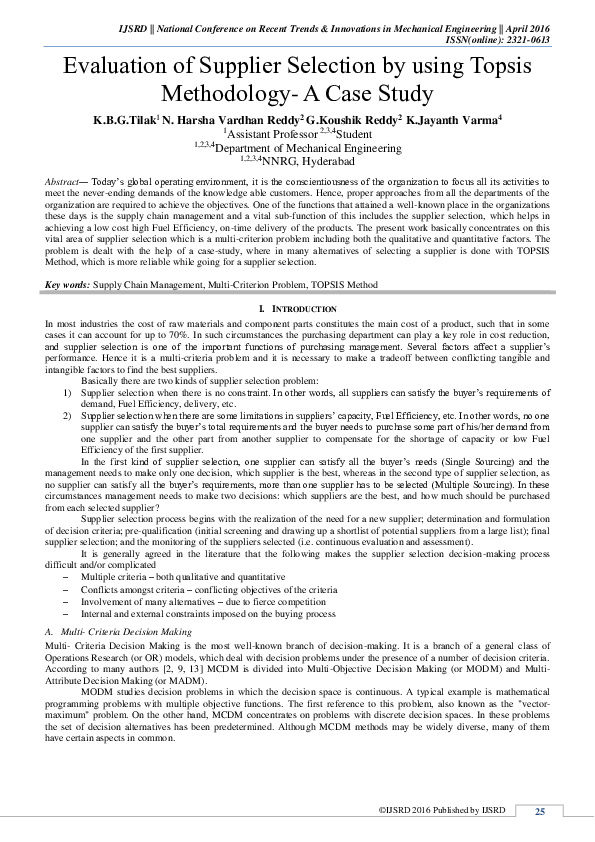 (PDF) Evaluation of Supplier Selection by Using Topsis Methodology- A ...
