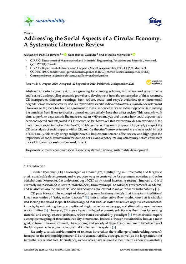 (PDF) Addressing the Social Aspects of Circular Economy: A Systematic ...