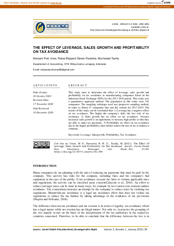 (PDF) The Effect of Leverage, Sales Growth and Profitability on Tax ...