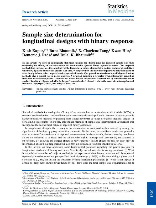 (PDF) Sample size determination for longitudinal designs with binary ...