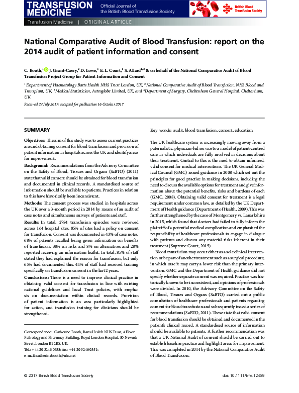 (PDF) National comparative audit of blood transfusion: 2014 audit of ...