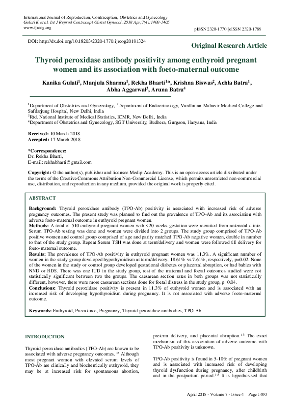 (PDF) Thyroid peroxidase antibody positivity among euthyroid pregnant women and its association