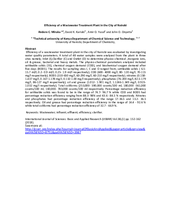 (PDF) Efficiency of a Wastewater Treatment Plant in the City of Nairobi