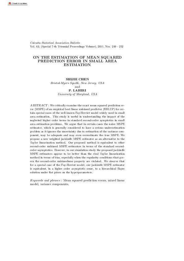 (PDF) On the Estimation of Mean Squared Prediction Error in Small Area ...