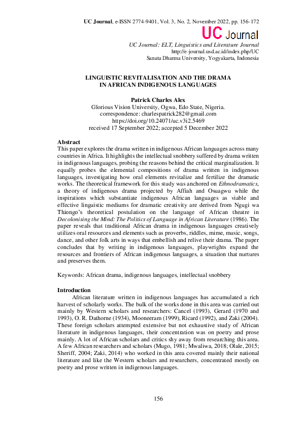 (PDF) LINGUISTIC REVITALISATION AND THE DRAMA IN AFRICAN INDIGENOUS ...