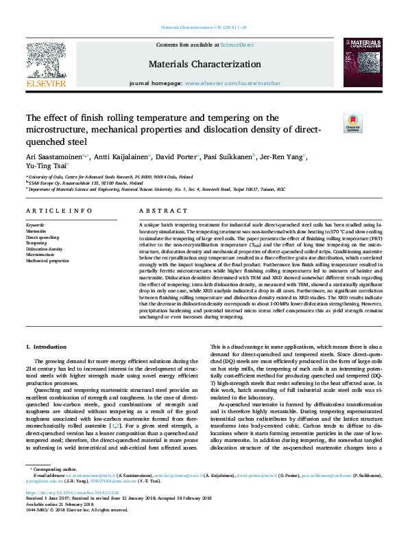 (PDF) The effect of finish rolling temperature and tempering on the ...