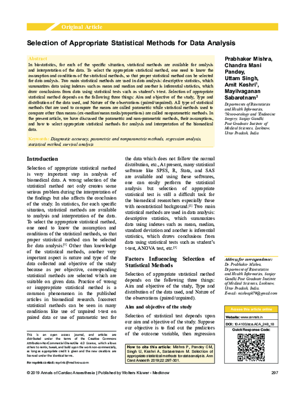 (PDF) Selection of appropriate statistical methods for data analysis