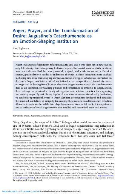 (PDF) Anger, Prayer, and the Transformation of Desire: Augustine's ...