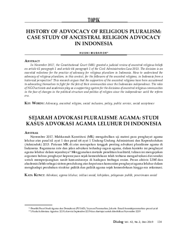 Sejarah Advokasi Pluralisme Agama: Studi Kasus Advokasi Agama Leluhur di Indonesia