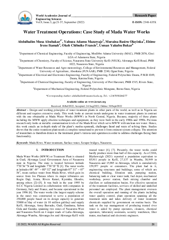 (PDF) Water Treatment Operations Case Study of Mada Water Works