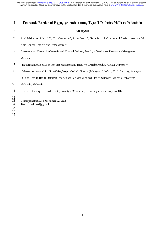 (PDF) Economic Burden of Hypoglycaemia among Type II Diabetes Mellitus ...