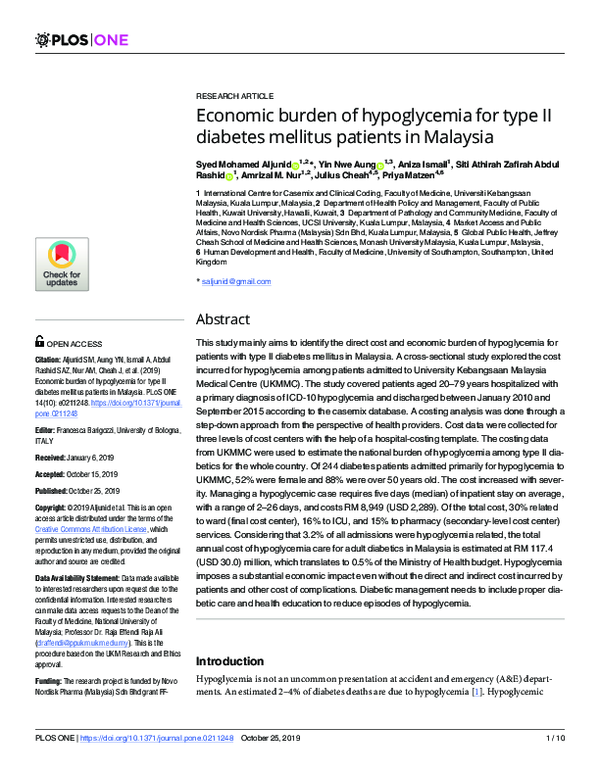 (PDF) Economic burden of hypoglycemia for type II diabetes mellitus ...