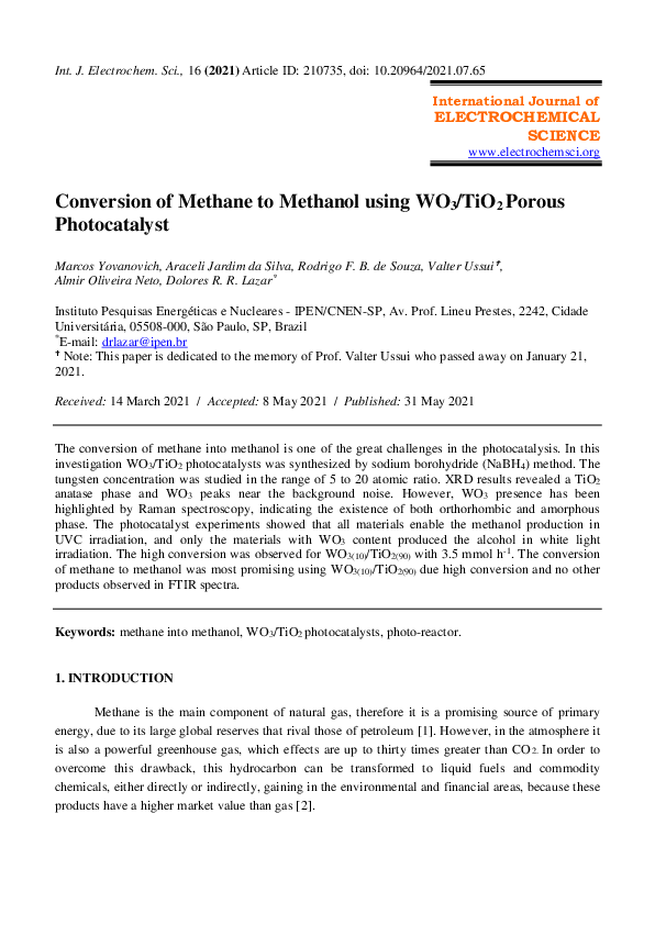 (PDF) Conversion of Methane to Methanol using WO3/TiO2 Porous Photocatalyst