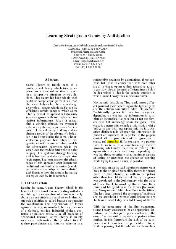 (PDF) Learning strategies in games by anticipation