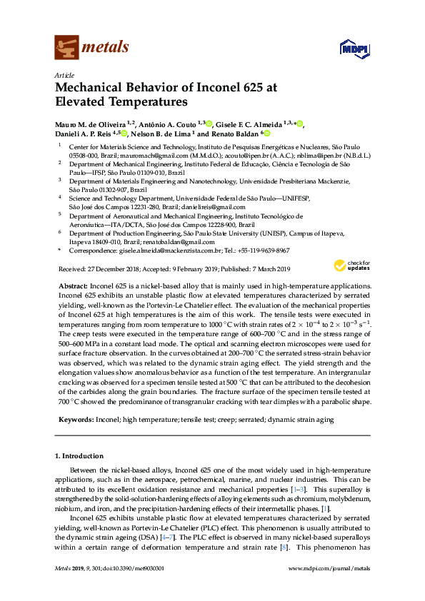 (PDF) Mechanical Behavior of Inconel 625 at Elevated Temperatures