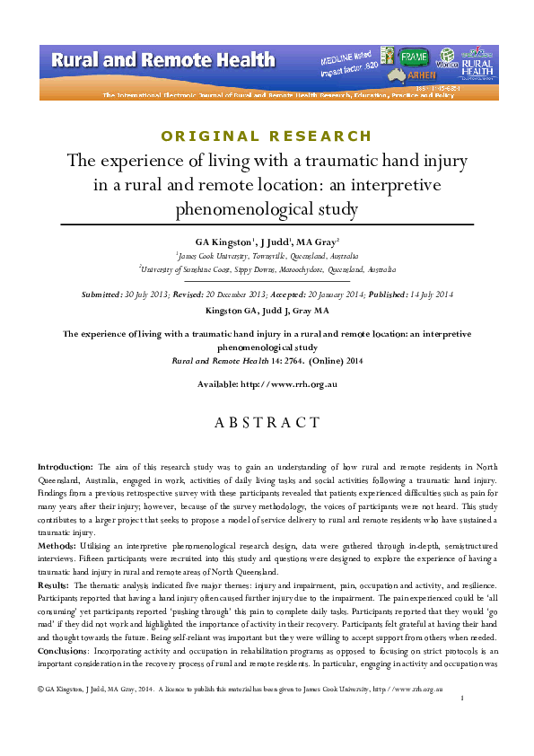 (PDF) The experience of living with a traumatic hand injury in a rural ...