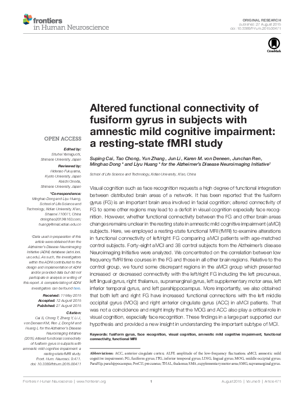 (PDF) Altered Functional Connectivity of Fusiform Gyrus in Subjects ...