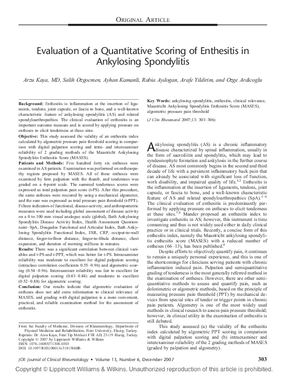 (PDF) Evaluation of a Quantitative Scoring of Enthesitis in Ankylosing ...