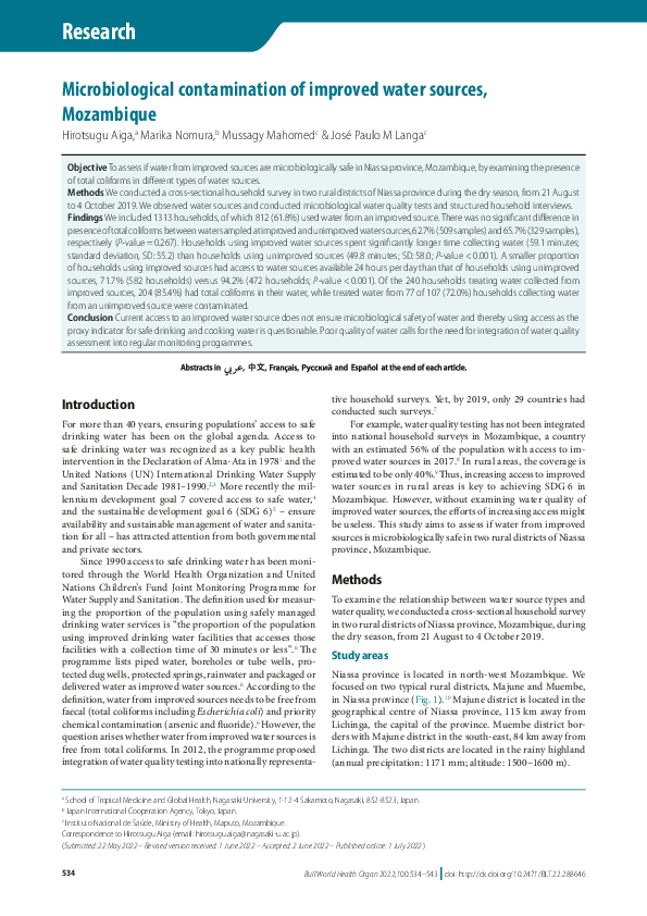 (PDF) Microbiological contamination of improved water sources, Mozambique