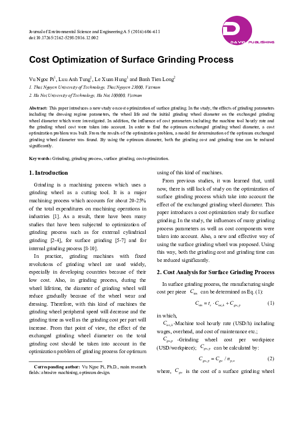 (PDF) Cost Optimization of Surface Grinding Process banh long