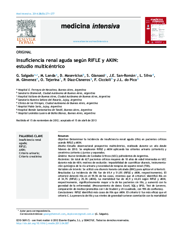 (PDF) Insuficiencia renal aguda según RIFLE y AKIN: estudio multicéntrico