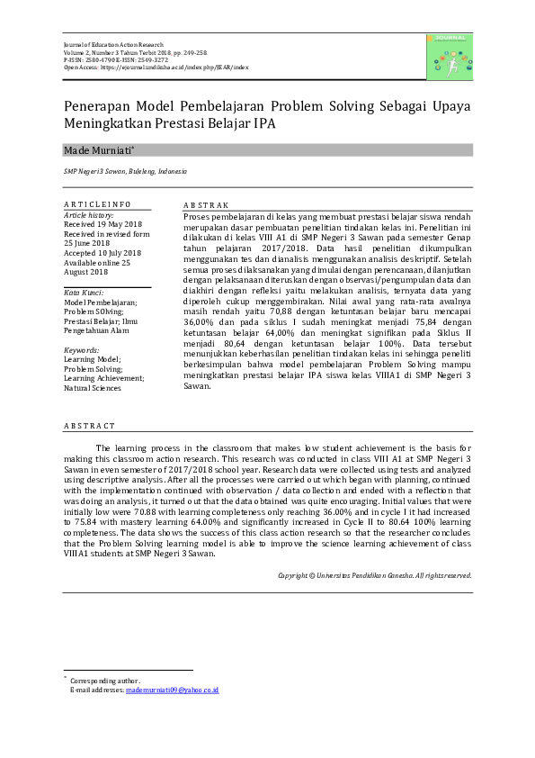 (PDF) Penerapan Model Pembelajaran Problem Solving Sebagai Upaya ...