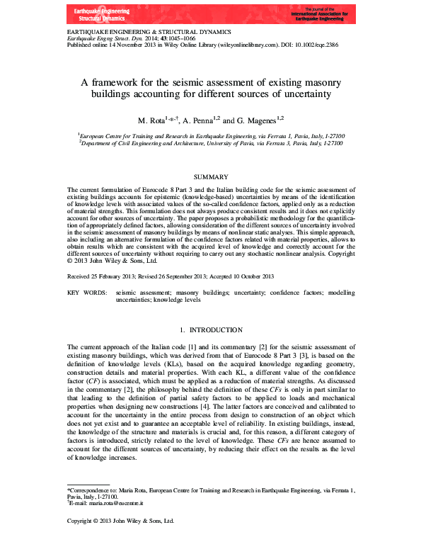 (PDF) A framework for the seismic assessment of existing masonry ...