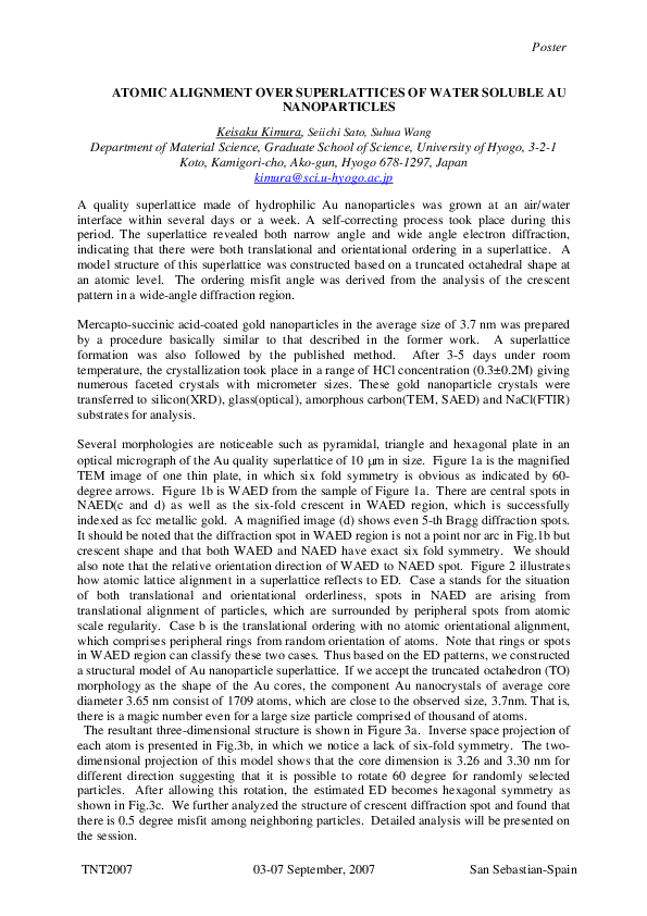 (PDF) Atomic Alignment Over Superlattices of Water Soluble Au Nanoparticles