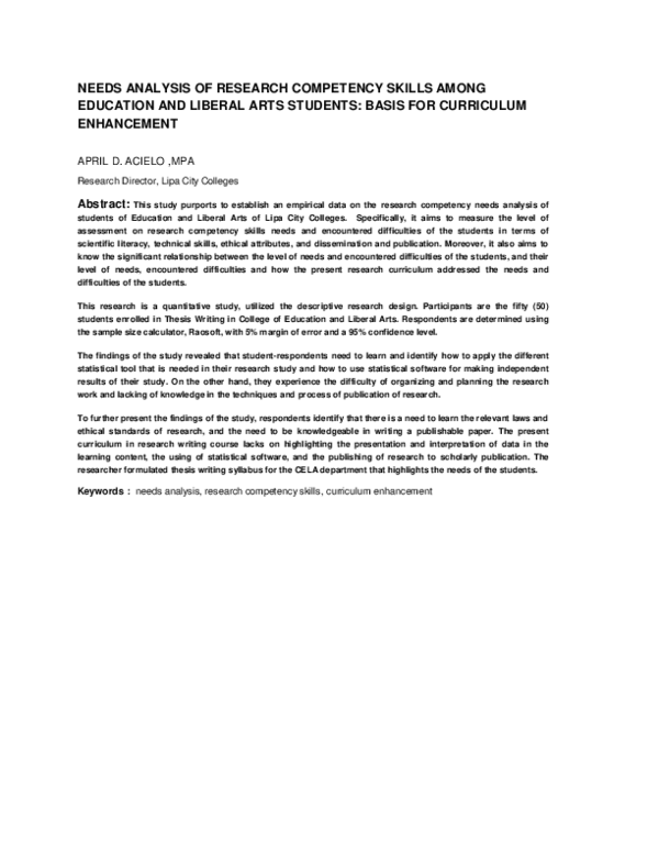 (PDF) NEEDS ANALYSIS OF RESEARCH COMPETENCY SKILLS AMONG EDUCATION AND ...