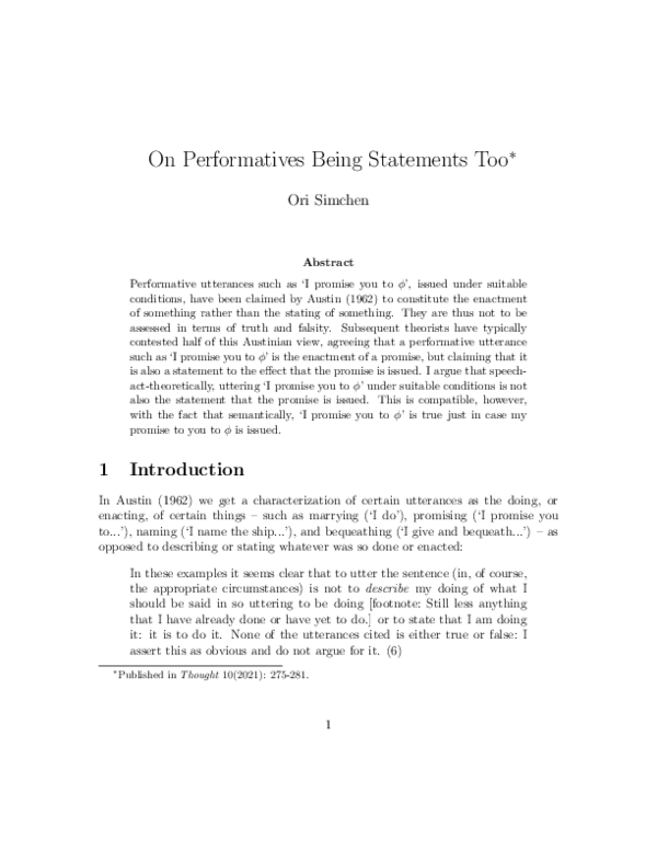 (PDF) On performatives being statements too