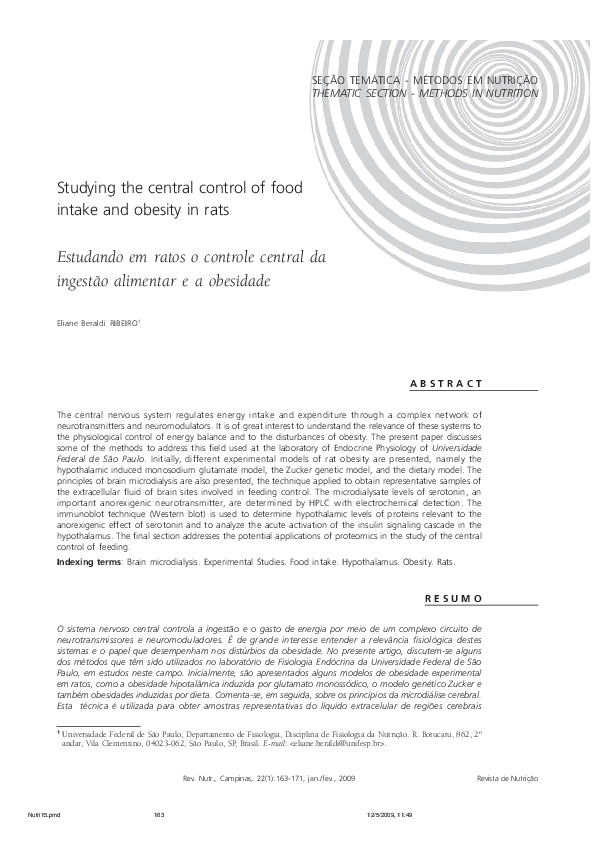 (PDF) Studying the central control of food intake and obesity in rats