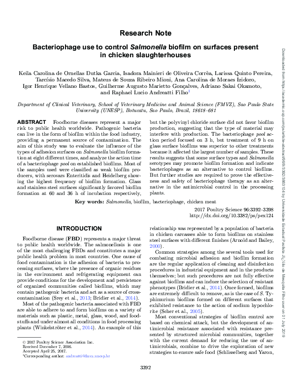 (PDF) Bacteriophage use to control Salmonella biofilm on surfaces ...