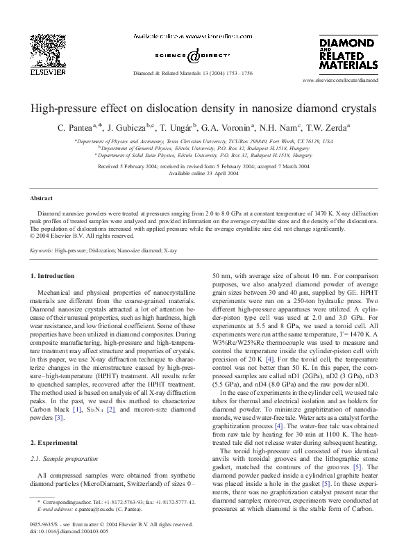 (PDF) High-pressure effect on dislocation density in nanosize diamond ...