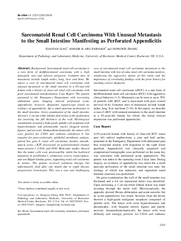 (PDF) Sarcomatoid Renal Cell Carcinoma With Unusual Metastasis to the ...