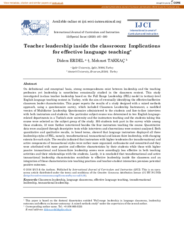 (PDF) Teacher leadership inside the classroom: Implications for ...