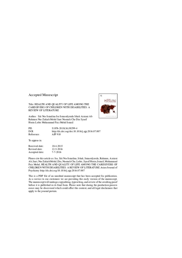 (PDF) Health and quality of life among the caregivers of children with ...