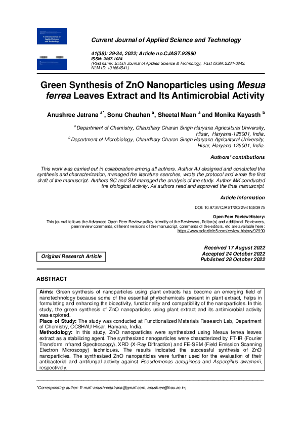 (PDF) Green Synthesis of ZnO Nanoparticles using Mesua ferrea Leaves ...