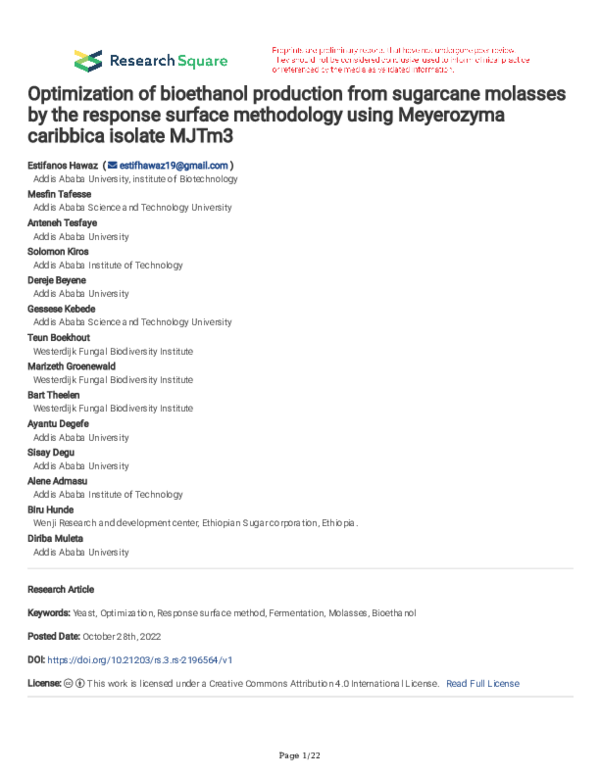(PDF) Optimization of bioethanol production from sugarcane molasses by ...