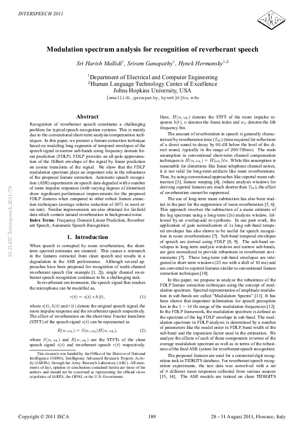 (PDF) Modulation spectrum analysis for recognition of reverberant speech