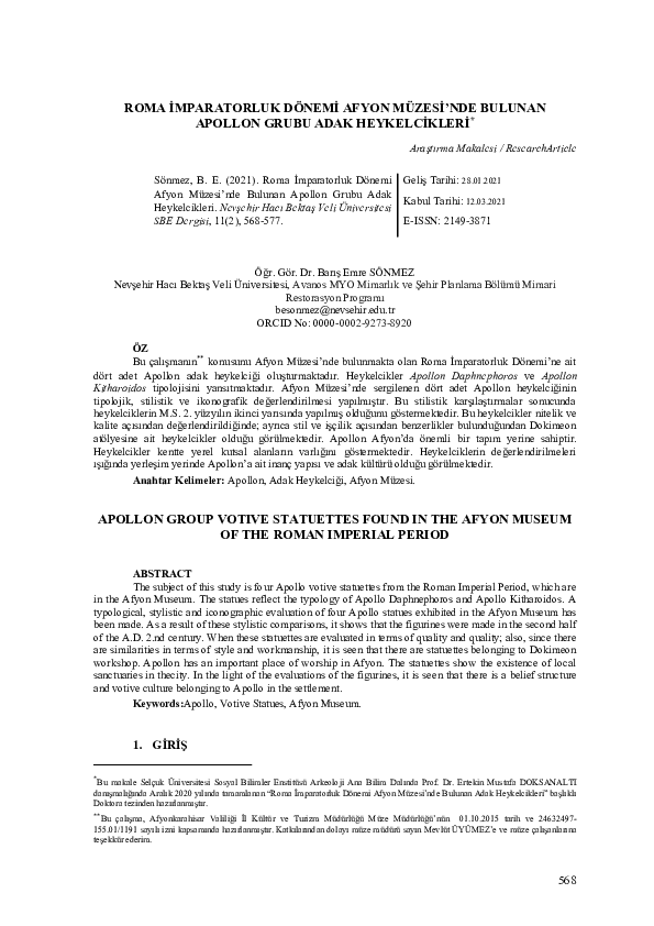 (PDF) Apollon group votive statuettes found in the Afyon museum of the