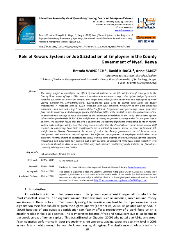 (PDF) Role of Reward Systems on Job Satisfaction of Employees in the ...