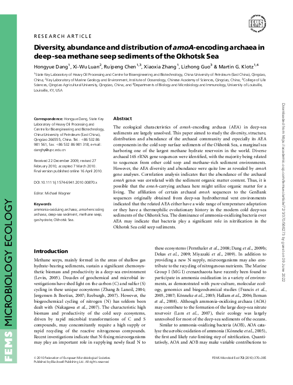 (PDF) Diversity, abundance and distribution of amoA-encoding archaea in ...