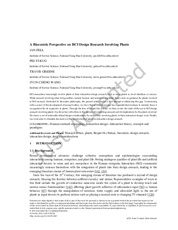 (PDF) A Biocentric Perspective on HCI Design Research Involving Plants