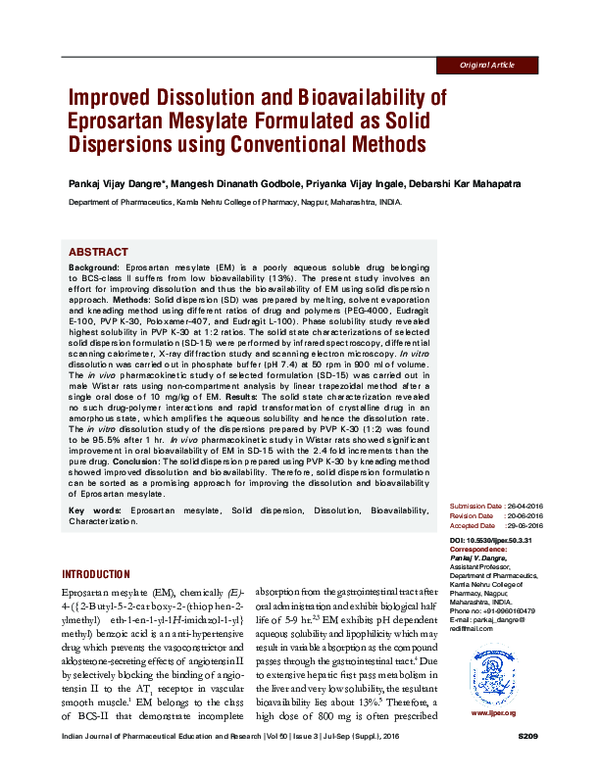(PDF) Improved Dissolution and Bioavailability of Eprosartan Mesylate ...