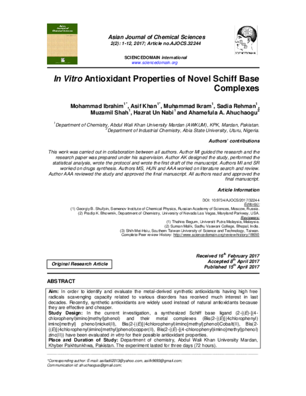 (PDF) In Vitro Antioxidant Properties of Novel Schiff Base Complexes