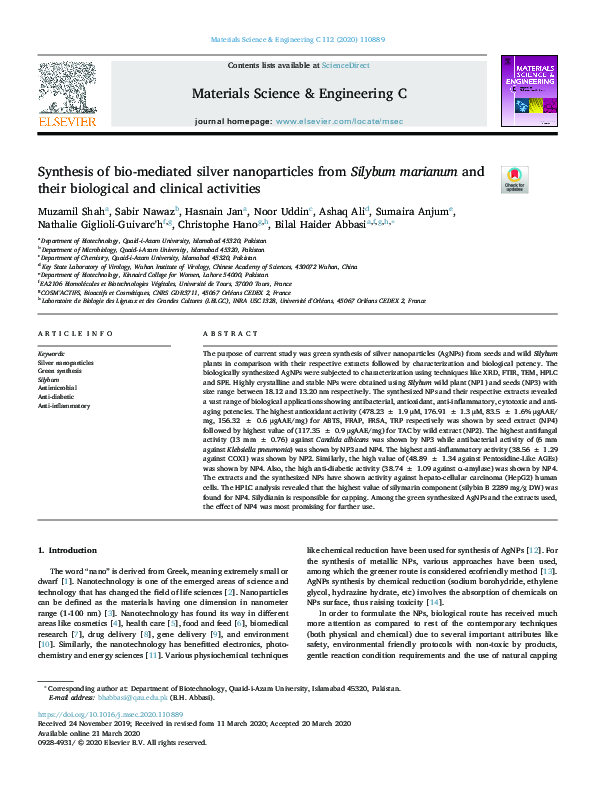(PDF) Synthesis of bio-mediated silver nanoparticles from Silybum ...