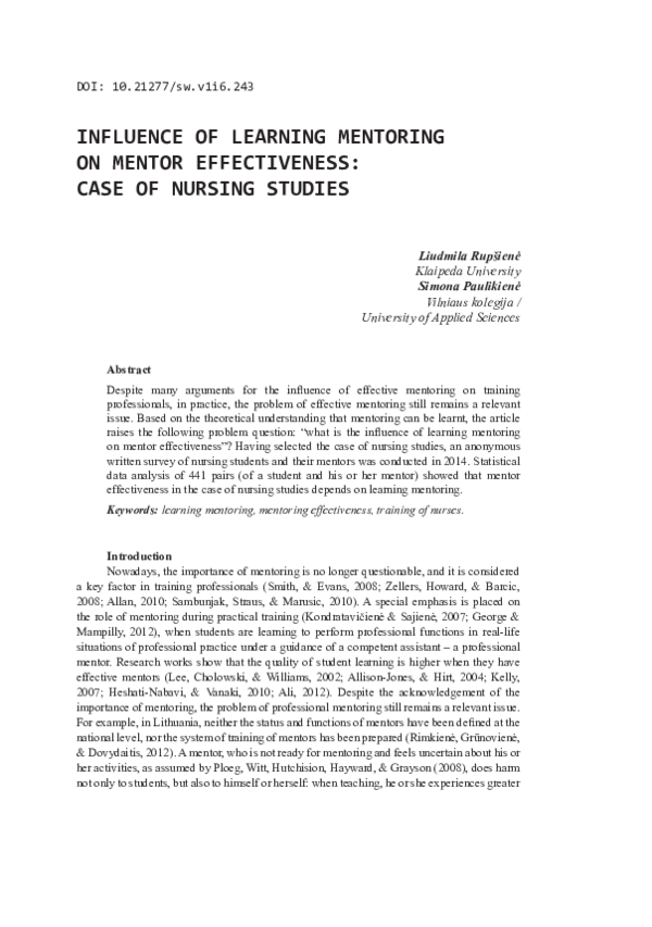 (PDF) Influence of learning mentoring on mentor effectiveness: case of ...