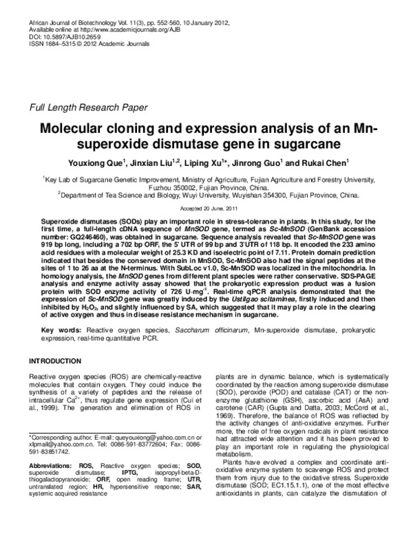 (PDF) Molecular cloning and expression analysis of a Mn-superoxide ...