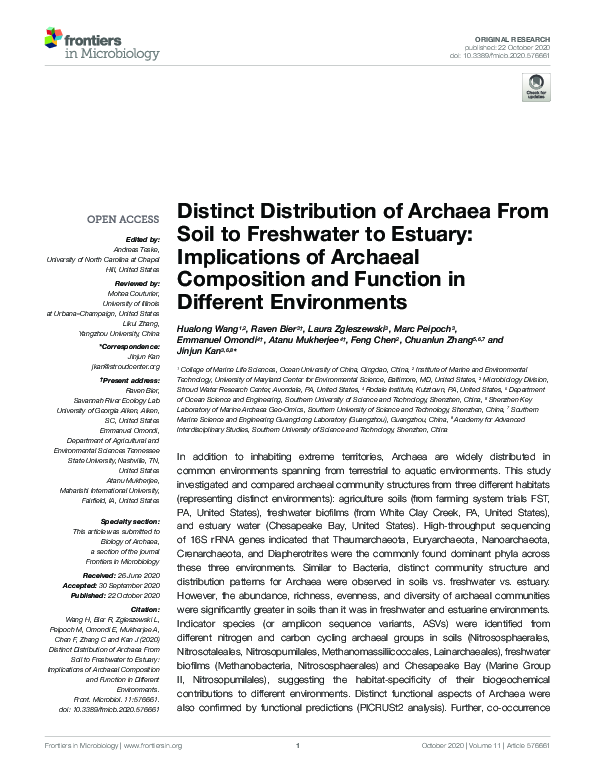 (PDF) Distinct Distribution of Archaea From Soil to Freshwater to ...