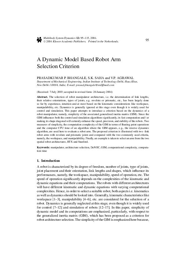 (PDF) A Dynamic Model Based Robot Arm Selection Criterion